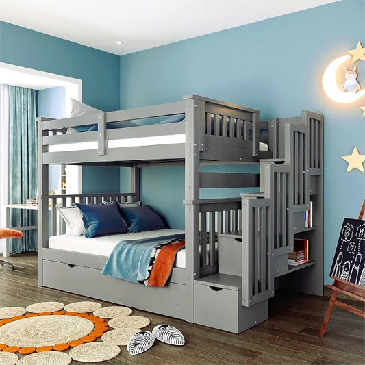 RUNNA Full Over Full Bunk Bed, Convertible, Storage Stairs Gray | Full over full bunk bed, convertible split design, storage stairs, solid pine wood, guardrails, no box spring needed,Gray