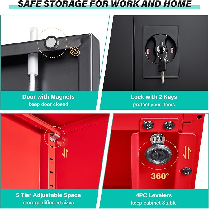 SISESOL Red Metal Storage Cabinet with Locking Doors and Shelves,Garage Storage Cabinet with Lock,Steel Locker,Lockable Cabinets for Home,Office,Shop,Garage Cabinets