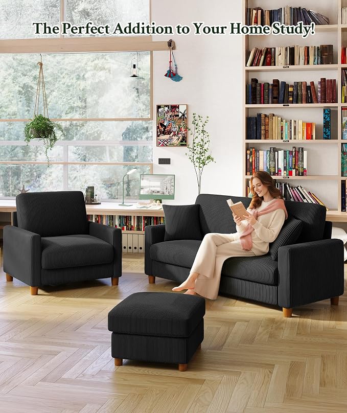Welzona 70.2" Couches for Living Room, Comfy Sofa Set Tool-Free Setup, Corduroy Couch Set 7.1" Thicker Cushion, Accent Chair with Ottoman 848lbs Support, Sofas for Living Room Home Office, Black