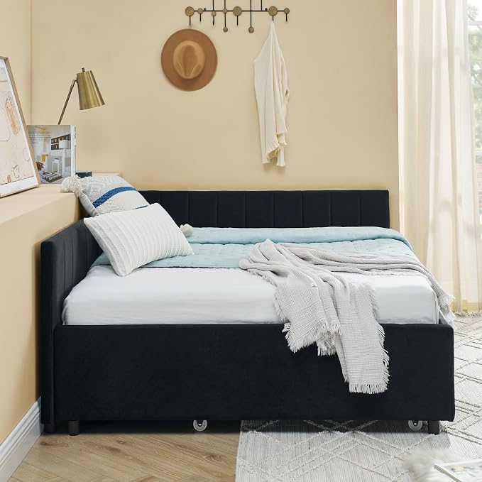 KEIKI Full Size L-Shpaed Upholstery Daybed with Erectable Trundle, Full to King Design Mid-Century Extendable Velvet Sofa Bed, Easy Assembly, No Box Spring Required, for Living Room and Bedroom, Black