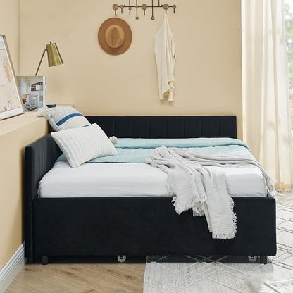 KEIKI Full Size L-Shpaed Upholstery Daybed with Erectable Trundle, Full to King Design Mid-Century Extendable Velvet Sofa Bed, Easy Assembly, No Box Spring Required, for Living Room and Bedroom, Black