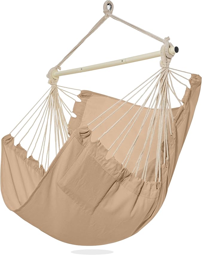 PNAEUT Hammock Chair Hanging Rope Swing for Outside Indoor for Bedroom, Outdoor, Patio (Tan)