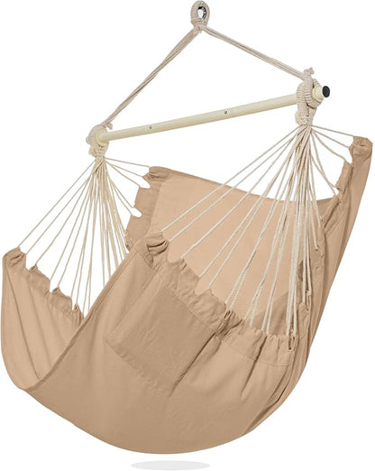 PNAEUT Hammock Chair Hanging Rope Swing for Outside Indoor for Bedroom, Outdoor, Patio (Tan)