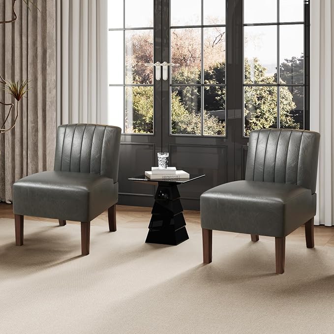 VIRRMO Armless Accent Chairs Set of 2 Upholstered Dining Chairs Living Room Chairs with Solid Wood Legs Bedroom Chair Leather Reading Chair Comfy Chair for Bedroom Vanity Kitchen (Grey)