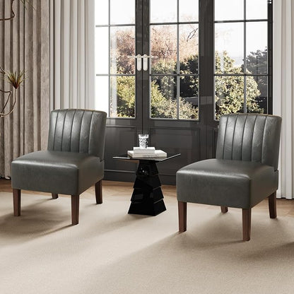 VIRRMO Armless Accent Chairs Set of 2 Upholstered Dining Chairs Living Room Chairs with Solid Wood Legs Bedroom Chair Leather Reading Chair Comfy Chair for Bedroom Vanity Kitchen (Grey)