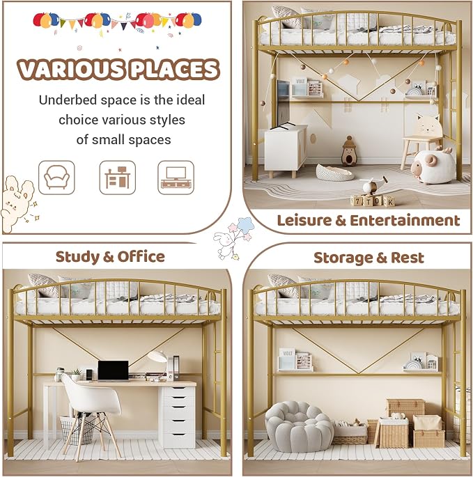 GarveeHome Loft Bed Twin Size, Heavy Duty Metal Loft Bed Frame with Arched Guardrail and Safety Ladder, Space-Saving, No Box Spring Needed, Modern Gold