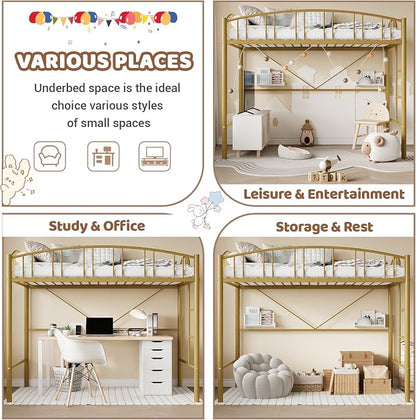 GarveeHome Loft Bed Twin Size, Heavy Duty Metal Loft Bed Frame with Arched Guardrail and Safety Ladder, Space-Saving, No Box Spring Needed, Modern Gold