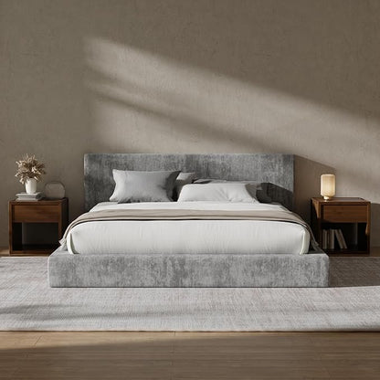 RECCI AirFrame King Size Bed Frame with Headboard, Cloud Upholstered Platform Bed Frame, 5 Inch Foam Cushioned, No Box Spring, Easy Assembly(Moon Grey)