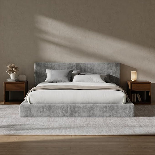 RECCI AirFrame Queen Bed Frame with Headboard, Cloud Upholstered Platform Bed Frame, 5 Inch Foam Cushioned, No Box Spring, Easy Assembly(Moon Grey)