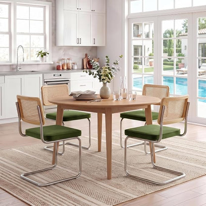Zesthouse Natural Rattan Dining Chairs Set of 6, Olive Green Modern Kitchen Chairs with Solid Wood Back & Chrome Base, Mid Century Breuer Design Inspired, Upholstered Luxurious Velvet Fabric