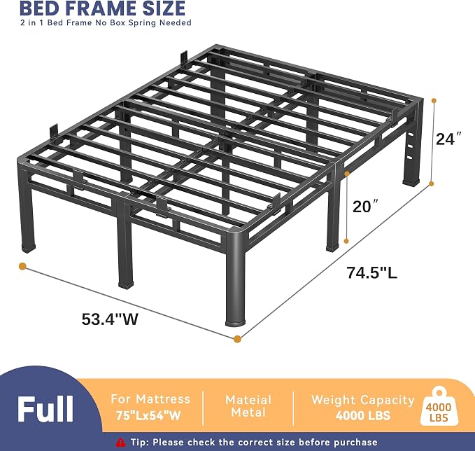 Bed Frame Full 24 Inch Tall, Double Layer Heavy Duty Metal Bed Frames 4000 lbs Capacity, Platform with Headboard Holes, Round Corner Legs, Mattress Slide Stopper, Easy Assembly