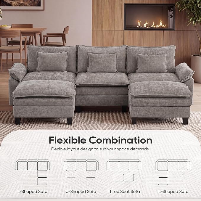 URRED Oversized Modular Sectional Sofa, 122" U Shaped Modern Comfy Cloud Couch with Movable Ottoman & Pillows, Deep Seat Couches for Living Room, Bedroom or Apartment (Chenille Gray, 122" U Shaped)