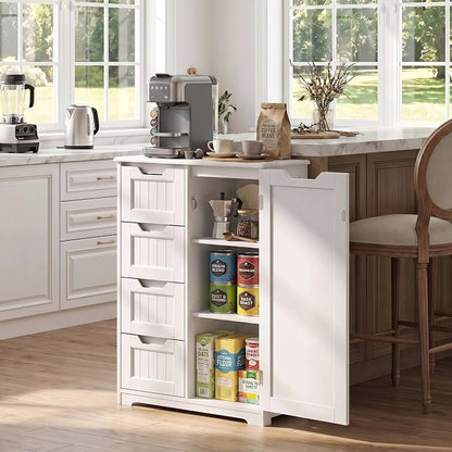 Gizoon Small Pantry with Door and Shelves, 33'' Small Coffee Bar Cabinet with 4 Drawers Kitchen Pantry Storage Cabinet for Kitchen and Living Room, White, Painted