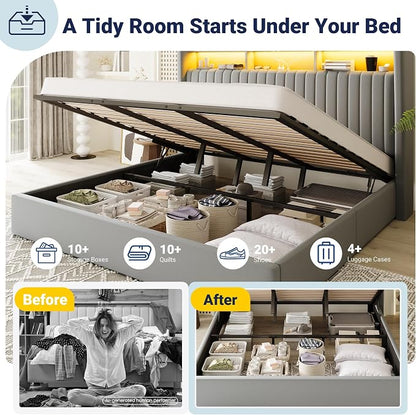 Allewie King Size Lift Up Hydraulic Storage Bed Frame, 2-Tier Shelf Headboard with LED Lights and Charging Station, USB and Type C Ports, Wingback Velvet Headboard, No Box Spring Needed, Gray