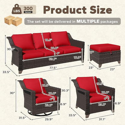 7 Pieces Patio Conversation Furniture Set - 1 Sofa, 2 Armchairs, 2 Ottomans, 2 Swivel Chairs, Outdoor Wicker Furniture with Removable Cushions for Porch, Balcony, Sunroom (Red)
