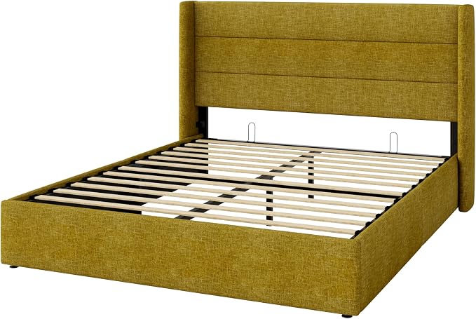 Allewie Queen Size Lift Up Storage Bed, Modern Wingback Headboard, Hydraulic Support, No Box Spring Needed, Olive Yellow