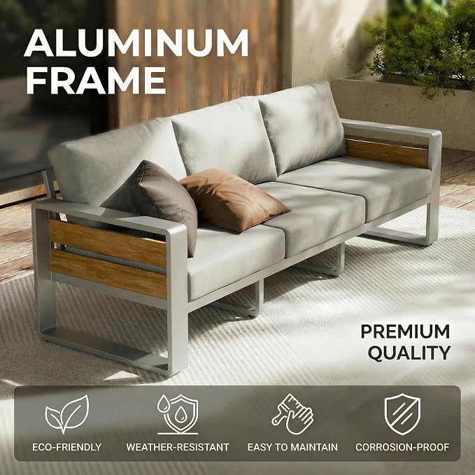 ZANDOR Aluminum Outdoor Patio Furniture Set with Table,4 Seat, Silver | Rustproof,High weight capacity,Water-repellent,Washable Cover,All-Weather Resistant,Easy clean,for Poolside Backyard Deck