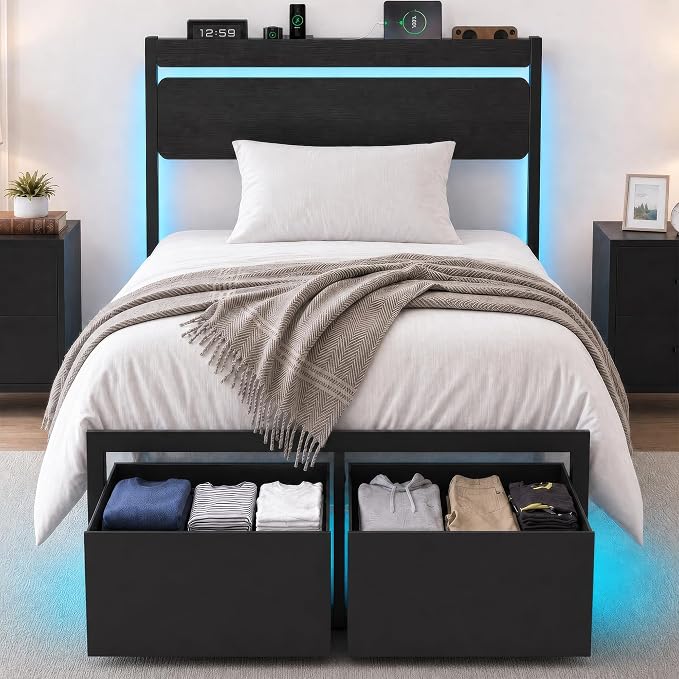 Twin Bed Frames with Drawers, Platform Bed with LED Lights & Charging Station, Wood Headboard, Strong Metal Slats Support, No Box Spring Needed, Noise Free, Easy Assembly