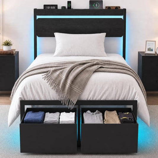 Twin Bed Frames with Drawers, Platform Bed with LED Lights & Charging Station, Wood Headboard, Strong Metal Slats Support, No Box Spring Needed, Noise Free, Easy Assembly