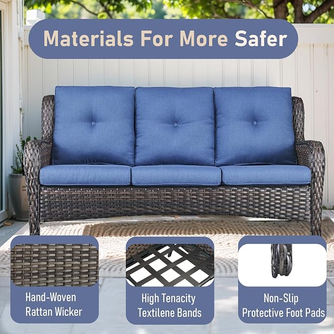 Outdoor Couch All Weather PE Wicker Patio Sofa Outdoor Sofa Deep Seating for Porch Deck Backyard-Brown/Blue
