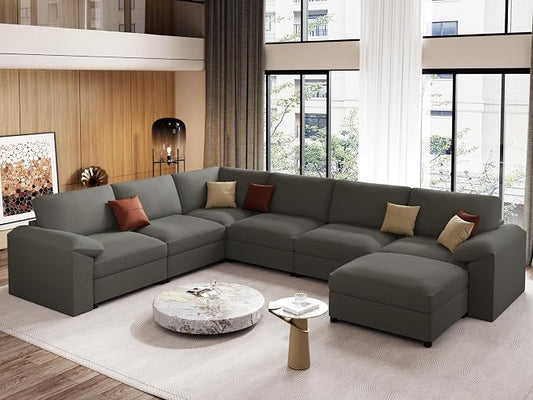 EASE MOOSE Large Faux Leather Sectional with Ottoman, Oversized Modular Couch, Modular Sectional Sofa with Deep Seat, Scratch Resistant Faux Leather Material, U Shaped Couch for Big Spaces, Grey