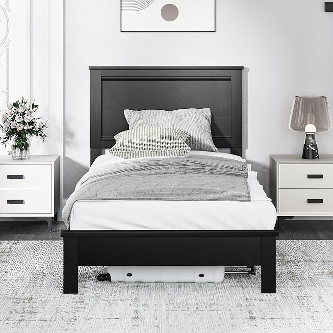 Giantex Wood Twin Bed Frames with Headboard, Mid Century Platform Bed Frame with Solid Wood Legs & Wooden Slat Support, Twin Bed Frames for Kids Adults, Black Bed