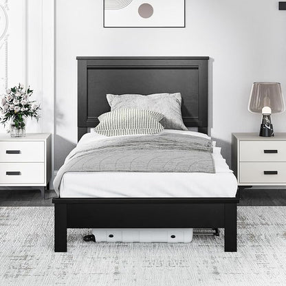 Giantex Wood Twin Bed Frames with Headboard, Mid Century Platform Bed Frame with Solid Wood Legs & Wooden Slat Support, Twin Bed Frames for Kids Adults, Black Bed