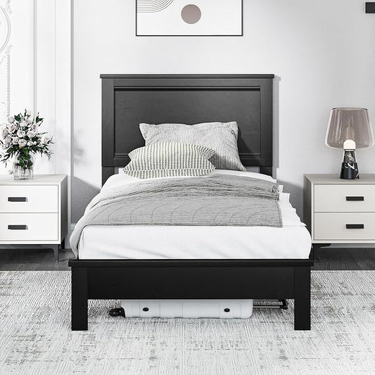 Giantex Wood Twin Bed Frames with Headboard, Mid Century Platform Bed Frame with Solid Wood Legs & Wooden Slat Support, Twin Bed Frames for Kids Adults, Black Bed