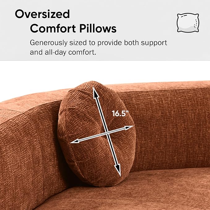 122'' Sectional Sofa, Fully Compressed Sponge,Elegant Curved Design with Three Round Cushions, Soft Fabric Upholstery, High-Resilience Foam for Ultimate Comfort, Orange