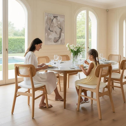 ROCITY Rattan Dining Chairs Set of 6 Beige Linen Fabric Dining Room Chairs Natural Wooden Kitchen Chairs Farmhouse Boho