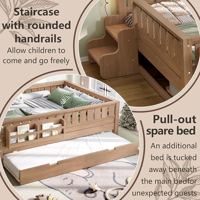 Bellemave Full Kids Montessori Bed with Stairs, Bookshelf and Trundle, Solid Wood Kids Bed Frame with Storage for Boys Girls, Low Profile,Natural