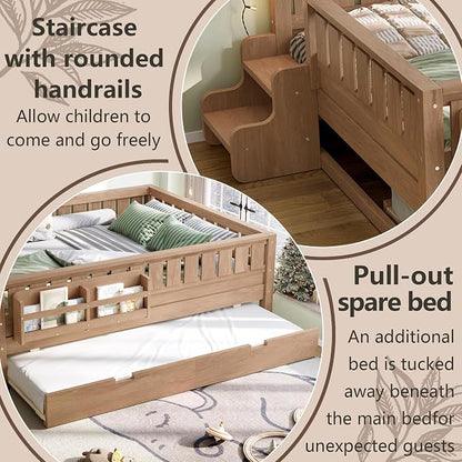 Bellemave Full Kids Montessori Bed with Stairs, Bookshelf and Trundle, Solid Wood Kids Bed Frame with Storage for Boys Girls, Low Profile,Natural