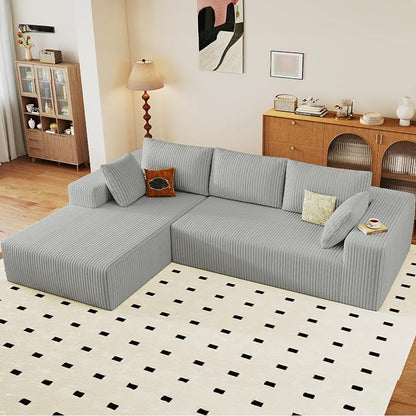 96" Modular Sectional Sofa, Modern Corduroy Cloud Couch with Deep Seat, Boneless Couch Upholstered 3-Seater L-Shaped Sofa for Living Room, No Assembly Required (Light Grey, Left-Facing Chaise)