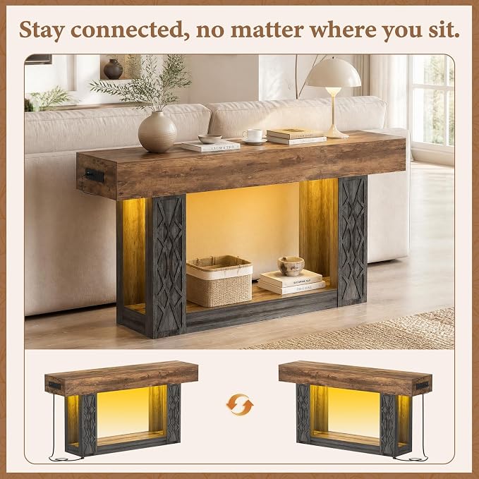 Unikito 63" Console Table with Outlets & LED Lights, Farmhouse Entryway Table with Unique Geometric Pattern, Sofa Table Behind Couch with 2-Tier Storage for Living Room, Hallway, Foyer, Grey & Brown