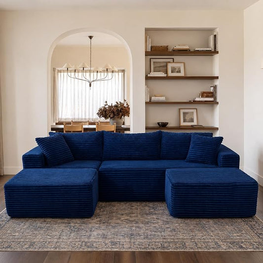 Claiks 94" Boneless Couch, Cloud Couch Sectional, U-Shape Corduroy Modular Sectional Sofa Deep Seat, Upholstered Couches for Living Room, No Assembly Required, Blue