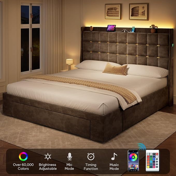 YITAHOME Queen Size Bed Frame with 3 Storage Drawers and RGB LED Lights, Velvet Upholstered Bed with Charging Station and Storage Headboard, No Box Spring Needed, Easy Assembly, Noise-Free, Grey