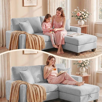 DOPEDIO L-Shaped Sectional Sofa with Storage Ottoman, Modern Chenille Recliner Loveseat, Removable Couch Covers, Pocket Spring Cushions, Solid Wood Frame, Easy to Install (71.25inch, Light Gray)