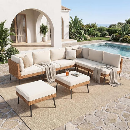 Aoxun 8-Piece Patio Furniture Set, Wicker Outdoor Furniture with Water Resistant Thick Cushions, Patio Conversation Set Outdoor Sectional Sofa with Coffee Table for Backyard Poolside, Beige