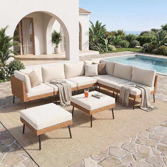 Aoxun 8-Piece Patio Furniture Set, Wicker Outdoor Furniture with Water Resistant Thick Cushions, Patio Conversation Set Outdoor Sectional Sofa with Coffee Table for Backyard Poolside, Beige