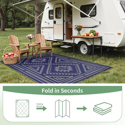 GENIMO Outdoor Rug for Patio Clearance - 5x8 ft Waterproof Plastic Camping Rugs, Reversible Outside Rv Mat Carpet for Porch, Deck, Picnic, Balcony, Beach, Backyard, Blue Grey