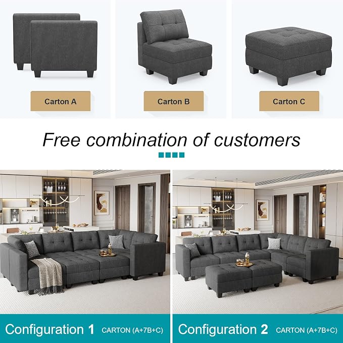 Belffin Modular Sectional Sofa Set with Ottomans Oversized U Shaped Sofa Set with Storage Seat Modular Sofa Couch with Reversible Chaises Modern Fabric Dark Grey