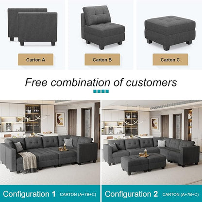 Belffin Modular Sectional Sofa Set with Ottomans Oversized U Shaped Sofa Set with Storage Seat Modular Sofa Couch with Reversible Chaises Modern Fabric Dark Grey