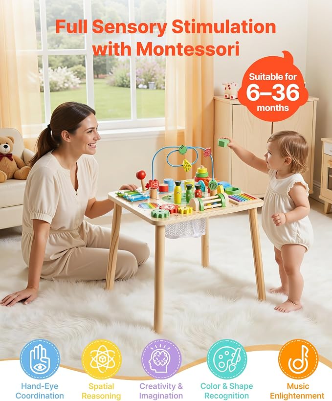 VEVOR Montessori Activity Table for Toddler 1-3 Years Old, 13 in 1 Wooden Learn Activity Desk, Baby Play Table for Boys & Girls Aged 6+ Months, Great Birthday, Christmas, Children's Day Present