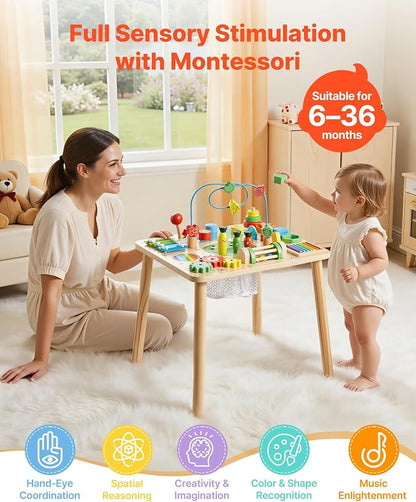 VEVOR Montessori Activity Table for Toddler 1-3 Years Old, 13 in 1 Wooden Learn Activity Desk, Baby Play Table for Boys & Girls Aged 6+ Months, Great Birthday, Christmas, Children's Day Present