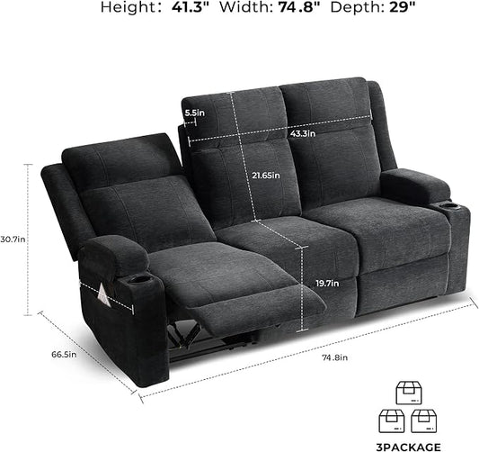GUEAPY Large Manual Reclining Sofa – 3-Seater Chenille Reclining Couch with Cup Holders, Wide Seat, Easy Assembly & Spill-Resistant Fabric – Cozy Reclining Sofa for Living Room, Apartment, RV（Black）