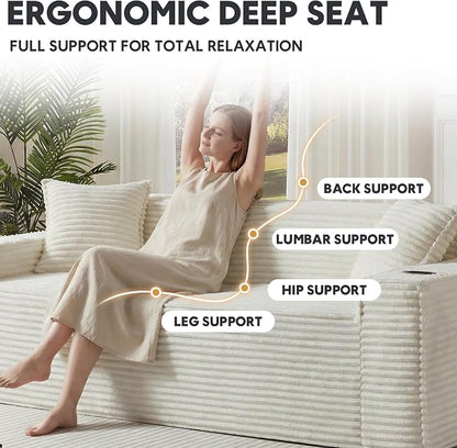 Boneless Sofa Couch with Cup Holders & Side Pockets, Modern Corduroy Fabric Deep Seat Single Cloud Couch for Reading Living Room Office, No Assembly (White)