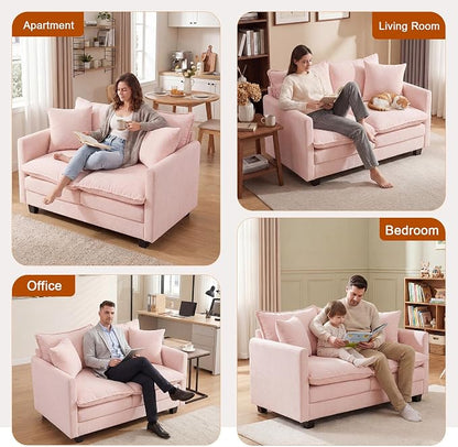 50'' Loveseat Sofa Cloud Sofa Couch, Modern Loveseats 2 Seat Couch 27" Deep Seat with 2 Pillows for Small Spaces Apartment Studio Office Bedroom Living Room, Pink