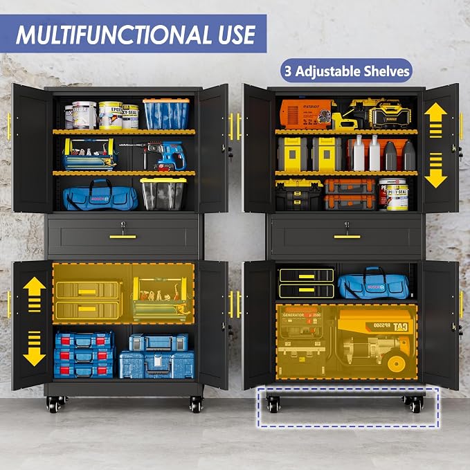 71" Metal Garage Storage Cabinet with Wheels and Locking Doors | Tall Rolling Steel Tool Cabinet with 3 Adjustable Shelves for Garage,Home Office(Black, 71" H x 35.43W x 15.74" D)