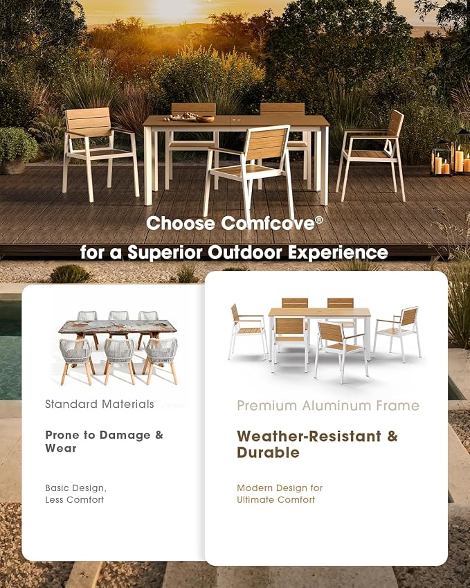 Outdoor Dining Chiars Set of 2, Aluminum Patio HDPS Outdooor Dining Chiars, All Weather Patio Furniture Set (White & Teak)