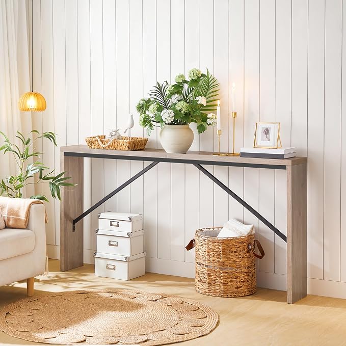 MAHANCRIS Console Table, 62.2" Long Sofa Table Behind Couch, Narrow Entryway Table, Farmhouse Dining Table with Angled Metal Frame, Industrial Console Table for Entryway, Greige CTHG15801